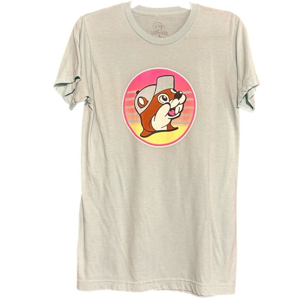 Buc-ee’s - Beach Summer TShirt. Women’s sz Small- Soft blue, yellow, bright pink